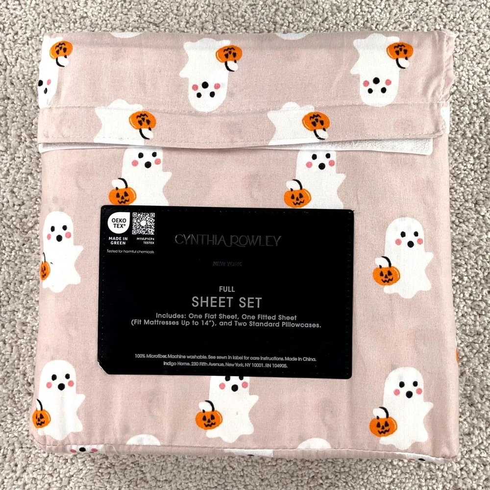 Cynthia Rowley Halloween Ghost Pumpkin Full Sheet Set Pink Microfiber 4pc NEW